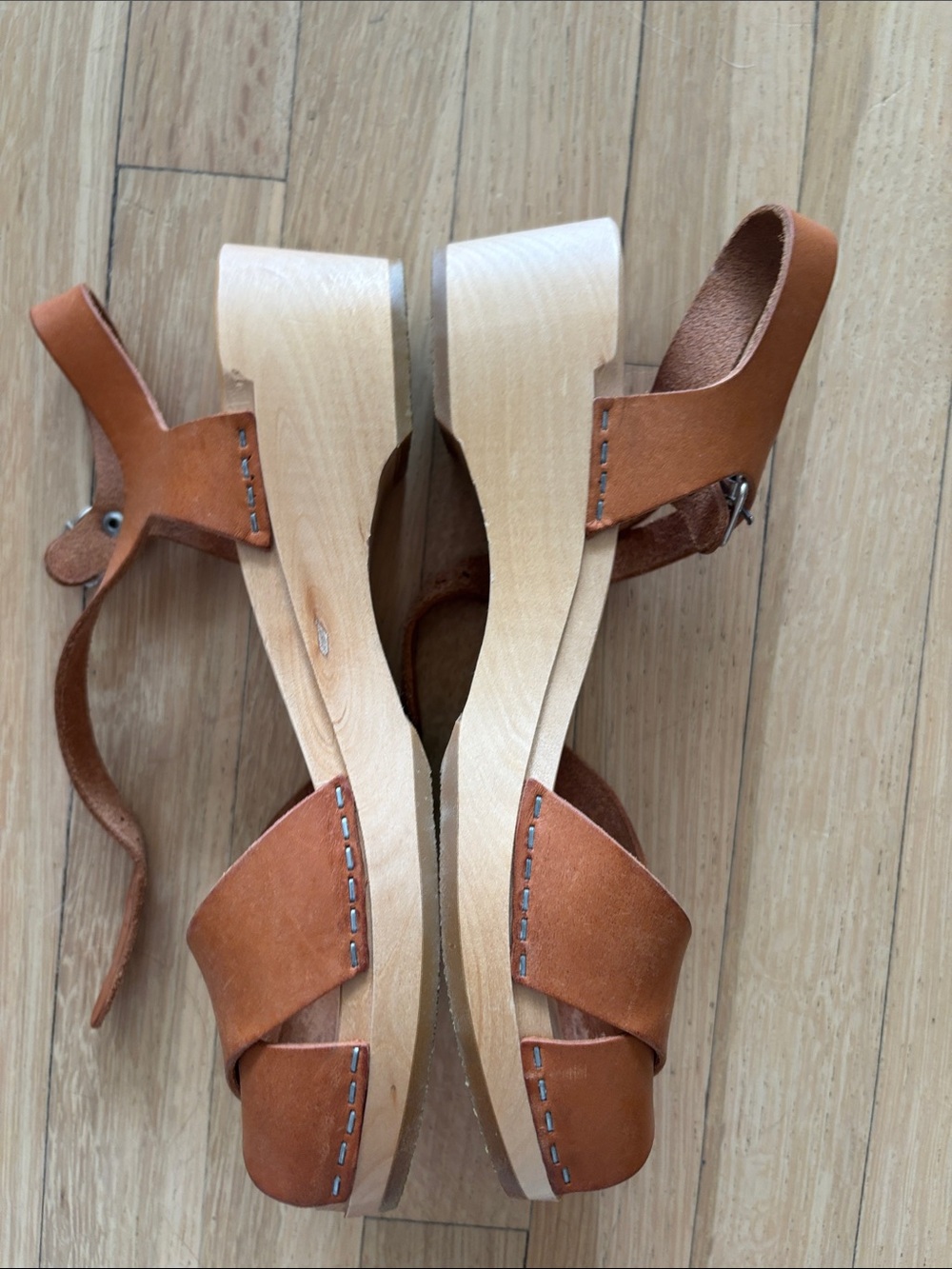 Swedish Hasbeens Cognac Leather Platform Sandals with Pink Insole - Picture 4 of 6